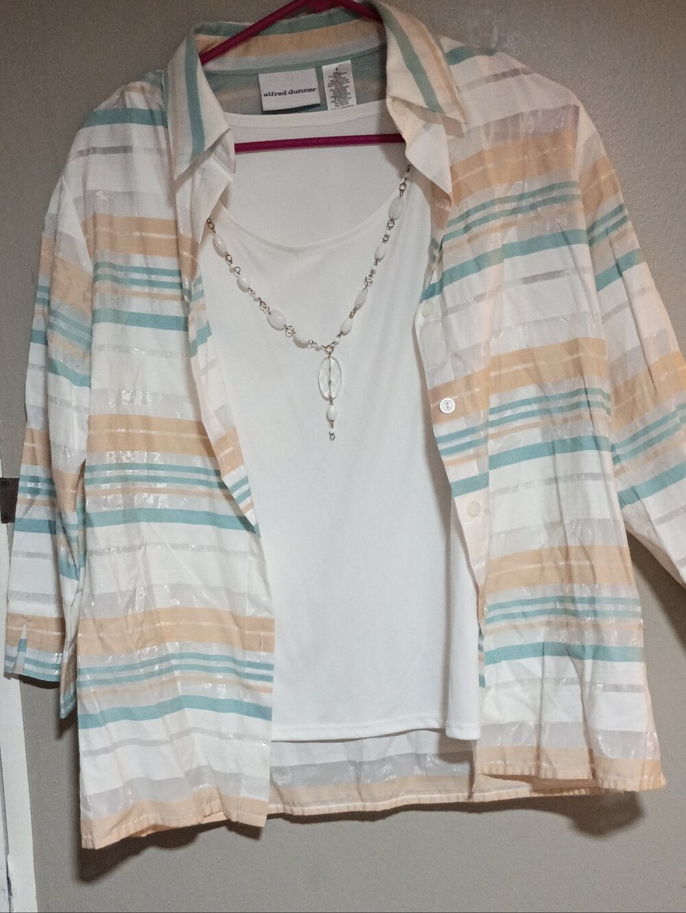 Alfred Dunner Cream, Tan & Light Blue Striped Button Front Top